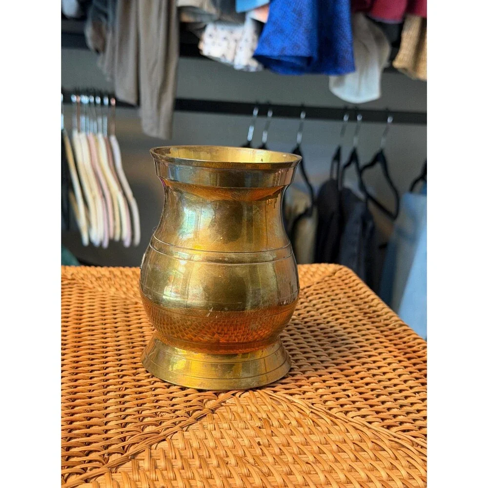 Vintage Brass Vase | Aged Brass Urn Vessel | Mid Century Brass Decor | Patina Fl